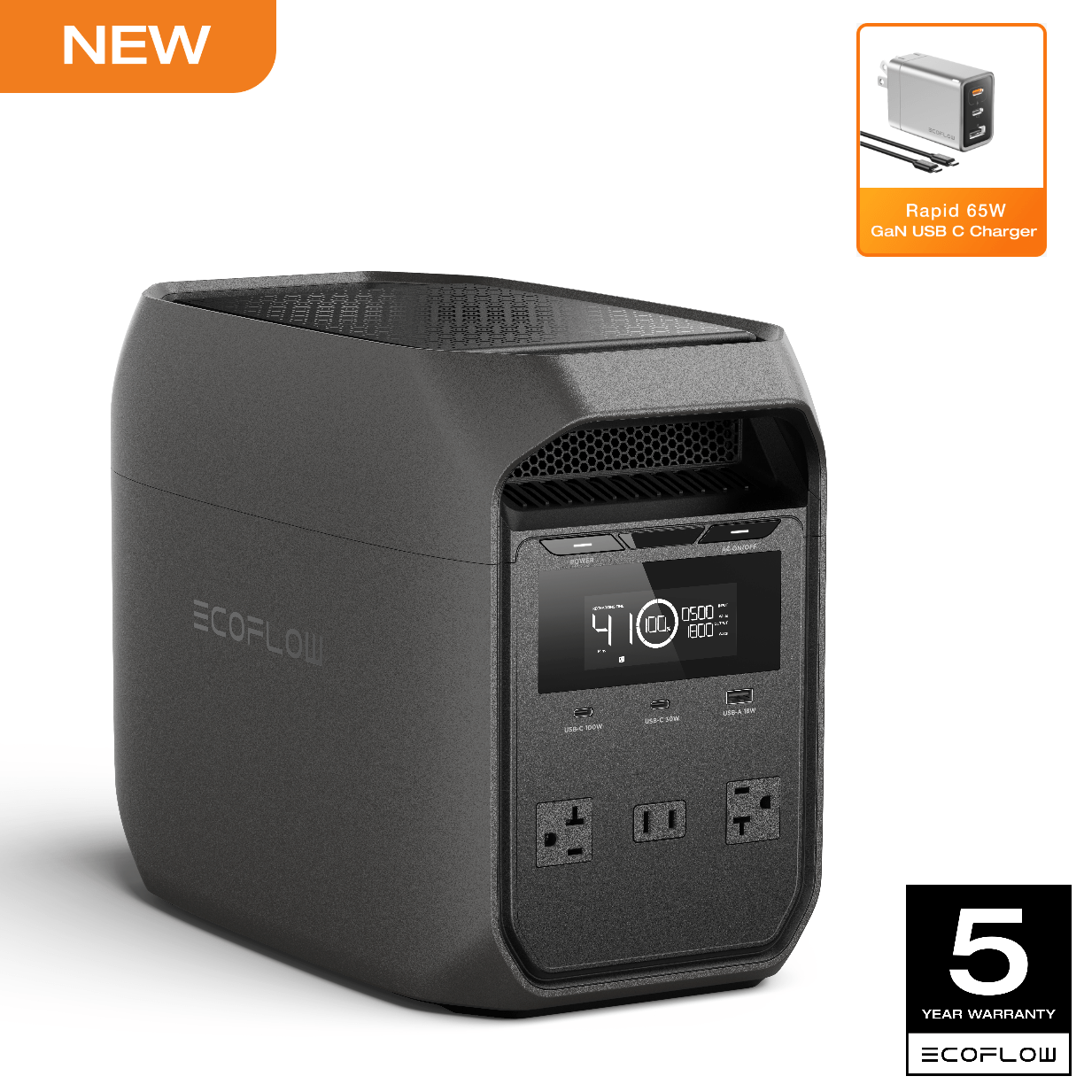 EcoFlow Rapid 65W GaN-C Charger with Portable Power Station DELTA 3 Classical 1000 (Dark Grey), 7 X Faster Charging, 45min 80% Charged, 1024Wh LiFePO4 Battery for 10 Years, 1800W Powerful Output, Flexible Expansion, Solar Power Bank For Home or Outdo