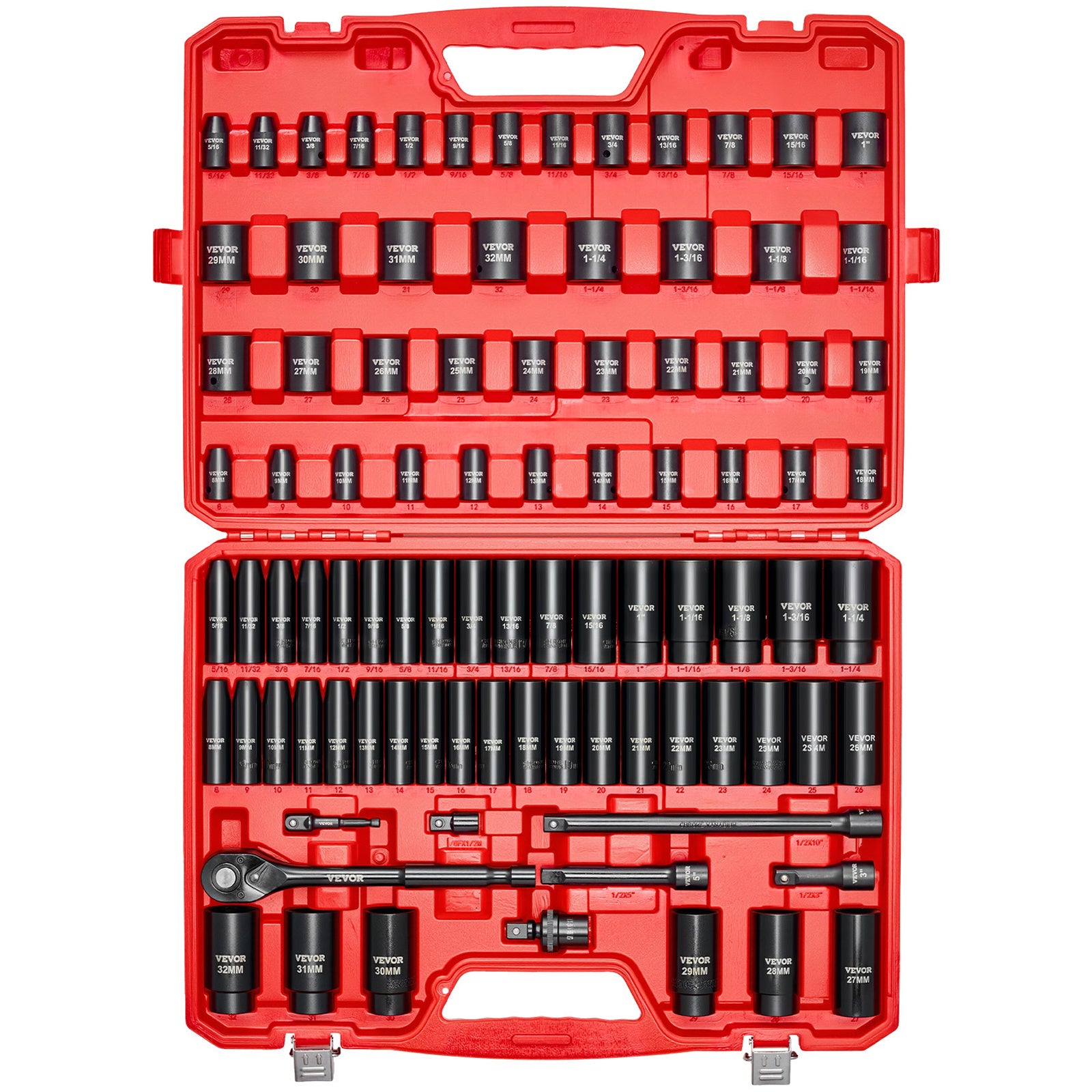 VEVOR 1/2 in Drive Impact Socket Set, 91 Piece, 6 Point Deep & Shallow Impact Sockets, SAE (5/16 to 1-1/4 in) and Metric (8 to 32 mm) Sizes with Extension Bars (3, 5, 10 in), Cr-V Steel, Carrying Case