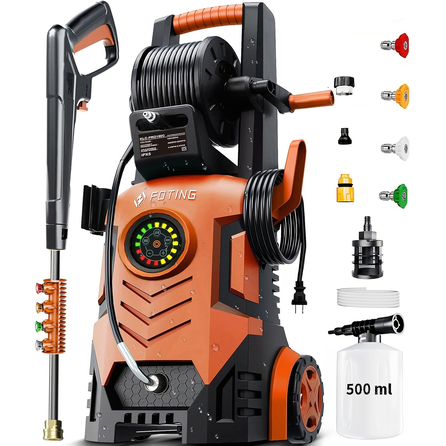 2025Upgraded Pressure Washer 5000PSI with IPX5 Adjustable Touch Screen, 34" Tall, 4 Quick Connect Nozzles, Inlet Hose&Filter&500mlFoam Cannon for Cars/Fences/Driveways/Home Cleaning, Yellow